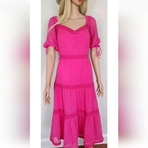 RACHEL PARCELL MAGENTA TIERED SHORT SLEEVES SUNDAY PARTY MIDI DRESS MEDIUM M NWT